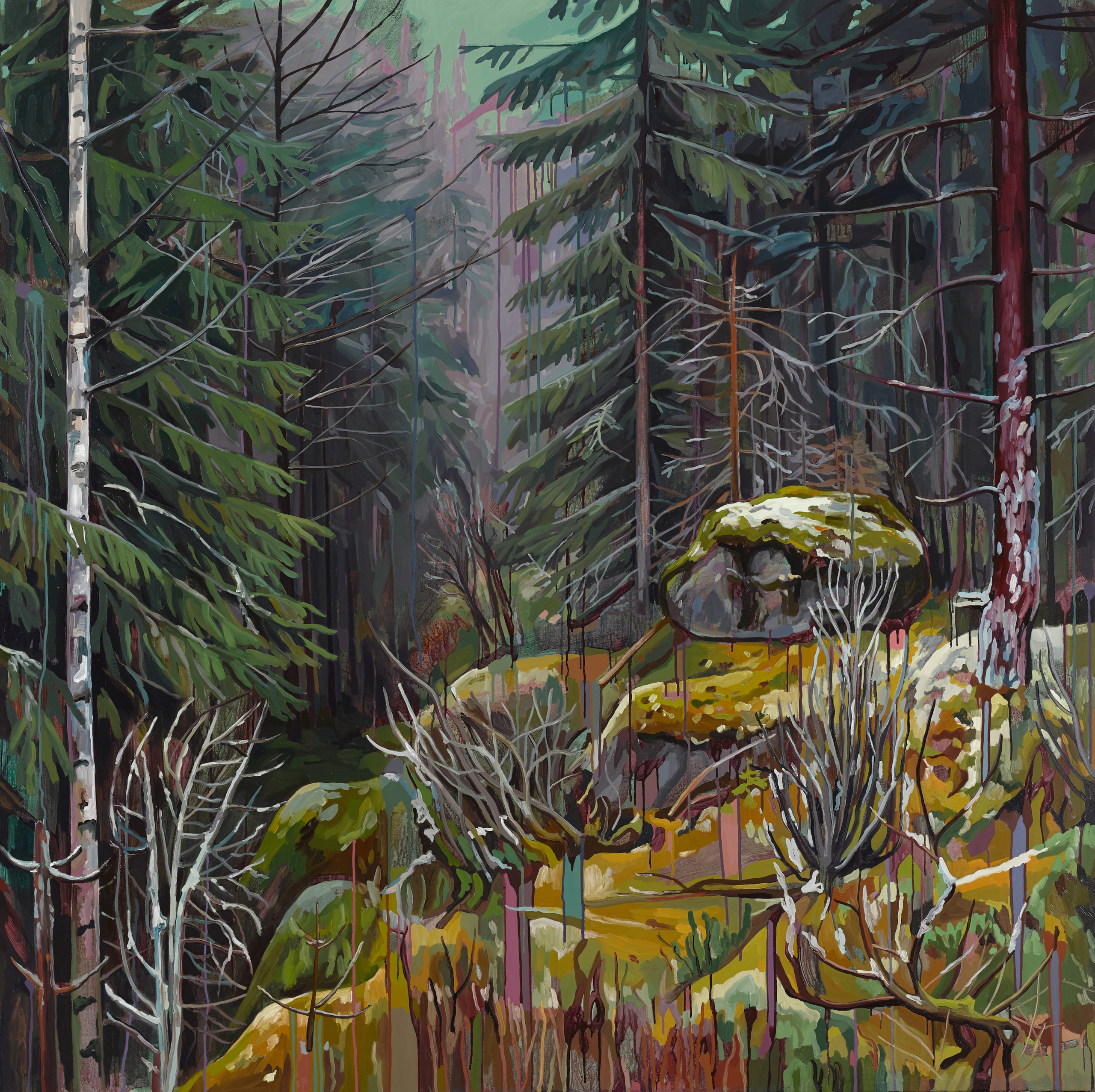 Cecilia Danell art piece from her exhibition "Tactile Terrain" at Luan Gallery - deep pine forest with dark colors