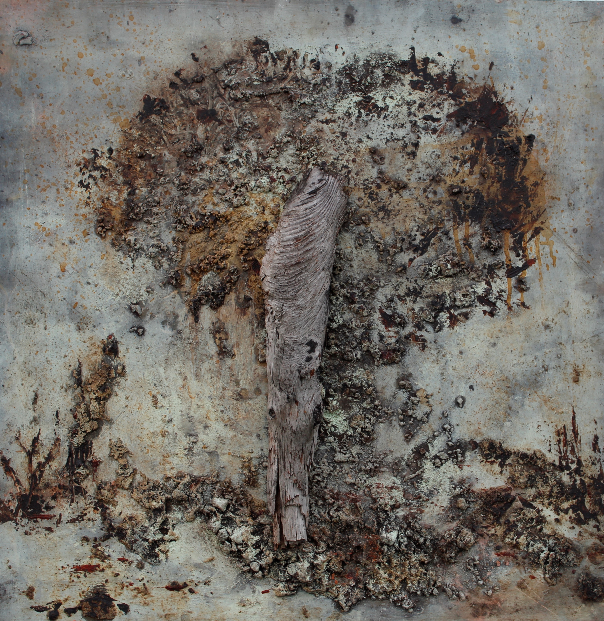 Rosemarie Langtry art piece at Luan Gallery - Dark colored image with wooden texture in the center