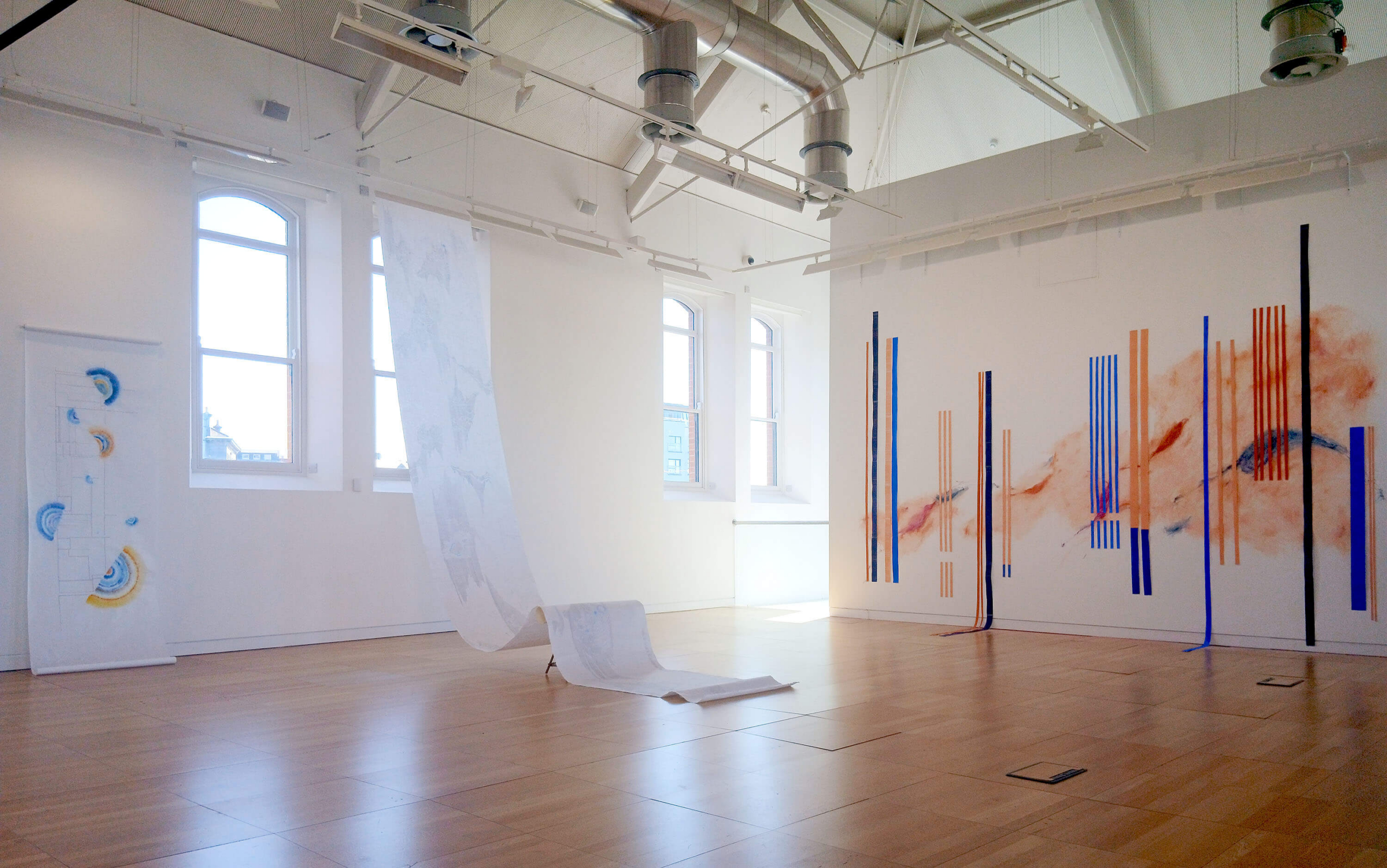 Installation view of artwork by Mary Ruth Walsh and Kiera O'Toole in the Library Gallery space at Luan Gallery Athlone as part of the group exhibition Divergent Lines