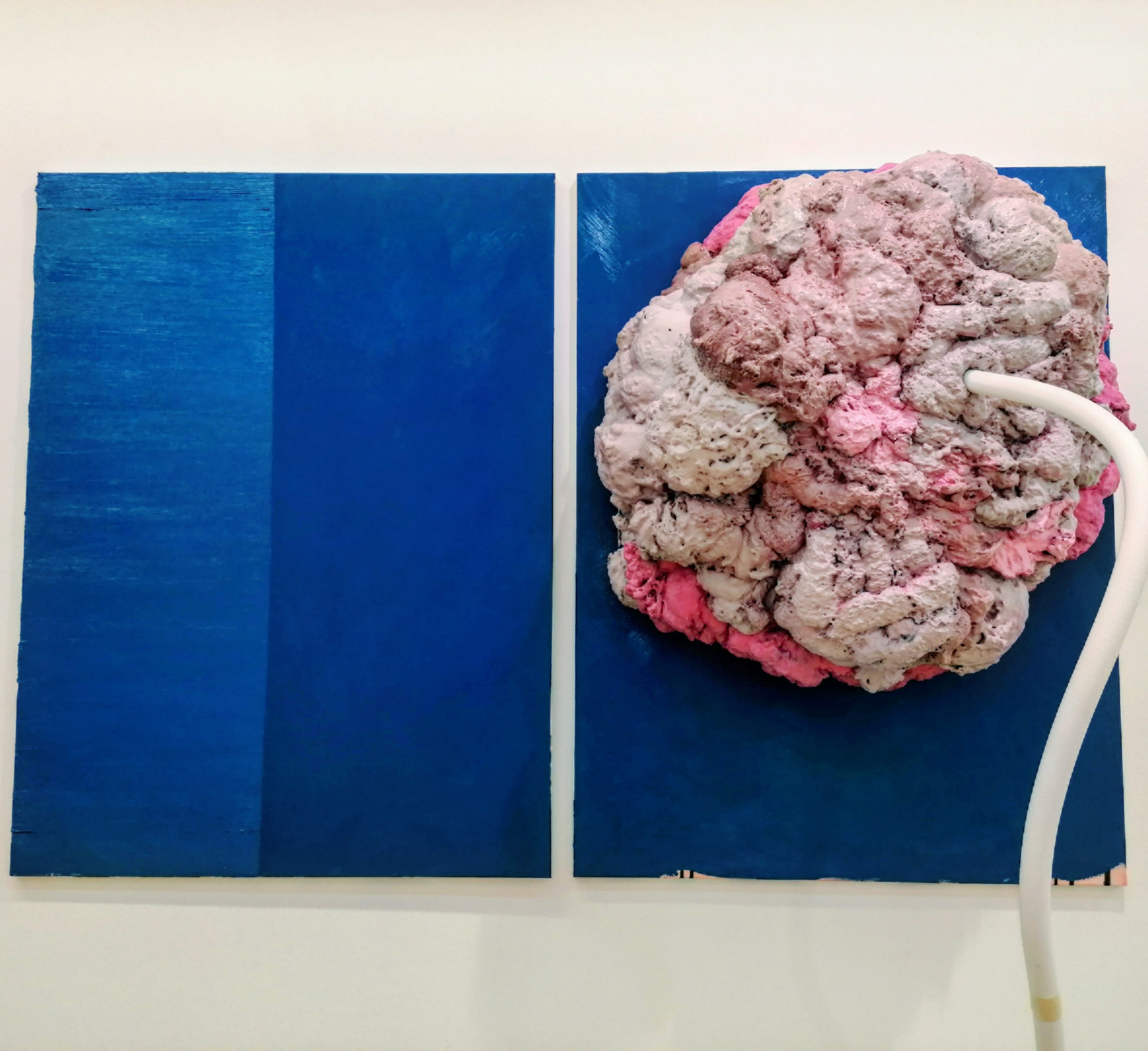 Susan Buttner, Orphaned From Belonging, 2021, installation (oil on canvas, polyurethane foam, found wood, jointing tape, acrylic paint, pipe insulation foam, masking tape, retort stand, screws, various dimensions)
